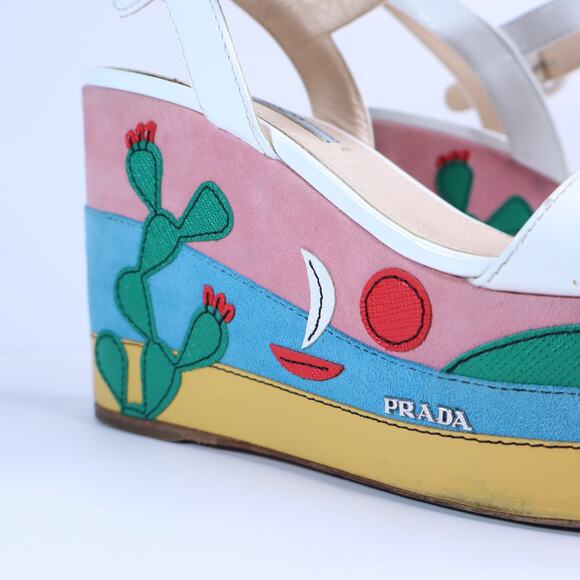 PRADA Southwest Suede Appliqué Platform Sandals Multicolor Wedge Women's 35.5 - Picture 3 of 11
